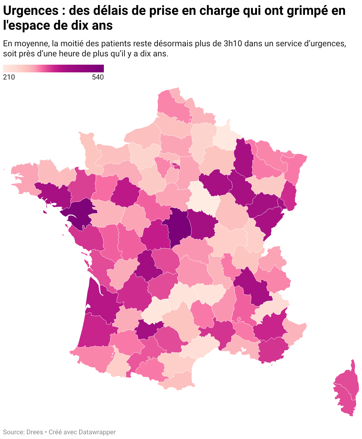 Urgences : des délais de prise en charge qui ont grimpé en l'espace de dix ans (Carte choroplèthe)