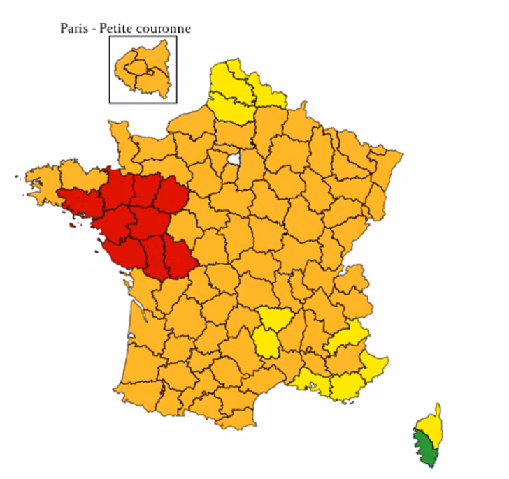 Mapa de vigilancia por calor de Météo-France.