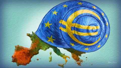 Illustration de James Ferguson de la carte de l'Europe sous forme d'escargot avec la couverture de la maison dans le drapeau de l'UE et le signe € au milieu.