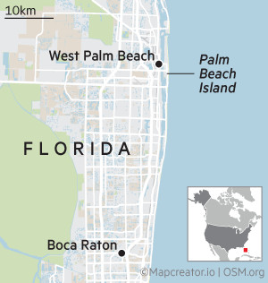 Carte de la Floride montrant Palm Beach Island, West Palm Beach et Boca Raton