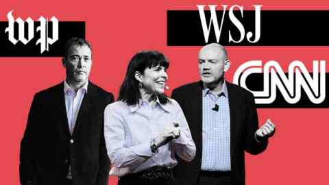 Un montage de Will Lewis, Emma Tucker et Mark Thompson et les logos du Washington Post, du Wall Street Journal et de CNN