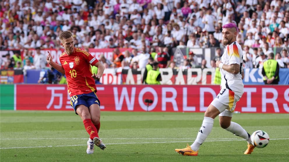 Dani Olmo marque pour porter le score à 1-0 pour l'Espagne – Robert Andrich arrive trop tard