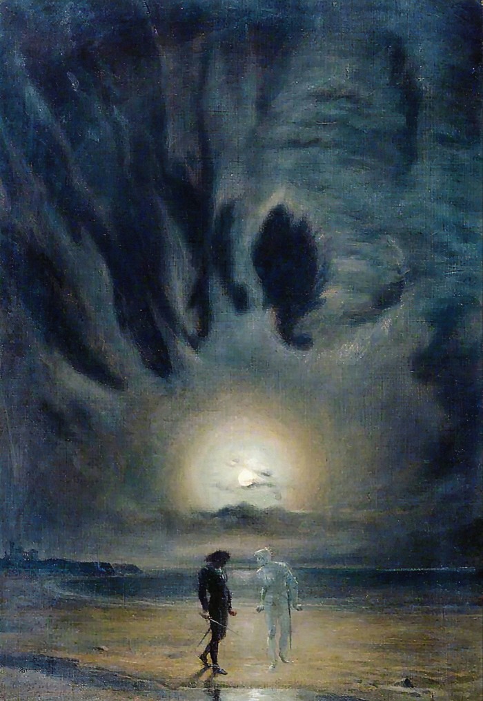 Un tableau représentant deux personnages, l'un une silhouette noire, l'autre entièrement blanche, se rencontrant sur une plage couverte de brume sous un clair de lune brillant et des nuages ​​sombres 