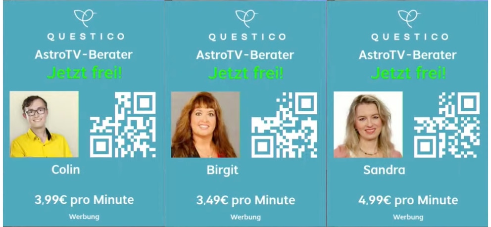 Les contacts des conseillers de Questico – une autre marque Adviqo – apparaissent lors de la diffusion en direct d'AstroTV