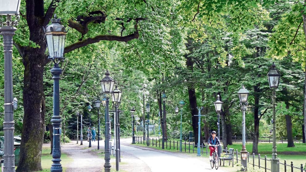 Il y a environ 100 lanternes à gaz historiques de toute l'Europe sur le chemin du parc du Tiergarten