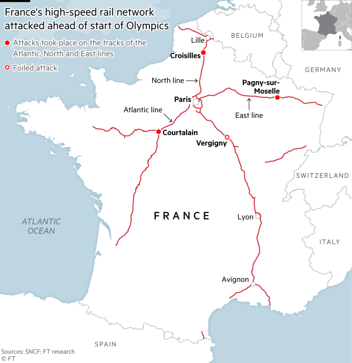 Carte des attaques survenues sur le réseau ferroviaire à grande vitesse français à l'approche du début des Jeux olympiques. Des attaques ont eu lieu sur les voies des lignes Atlantique, Nord et Est à Courtalain, Croisilles et Pagny-sur-Moselle, et une quatrième attaque a été déjouée à Vergigny.