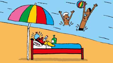 Illustration d'une personne allongée dans un lit sous un parasol sur la plage avec un sac de glace sur le front et un thermomètre dans la bouche pendant que tout le monde s'amuse dans la mer