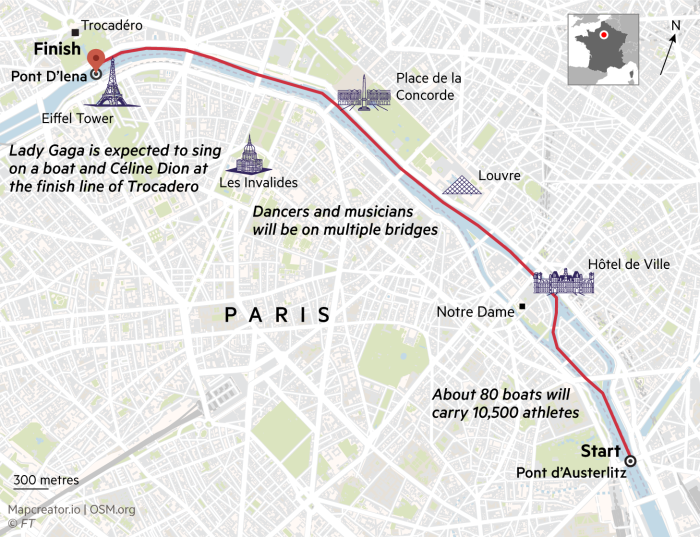 Carte montrant le parcours du défilé des bateaux le long de la Seine pour la cérémonie d'ouverture des Jeux Olympiques de Paris