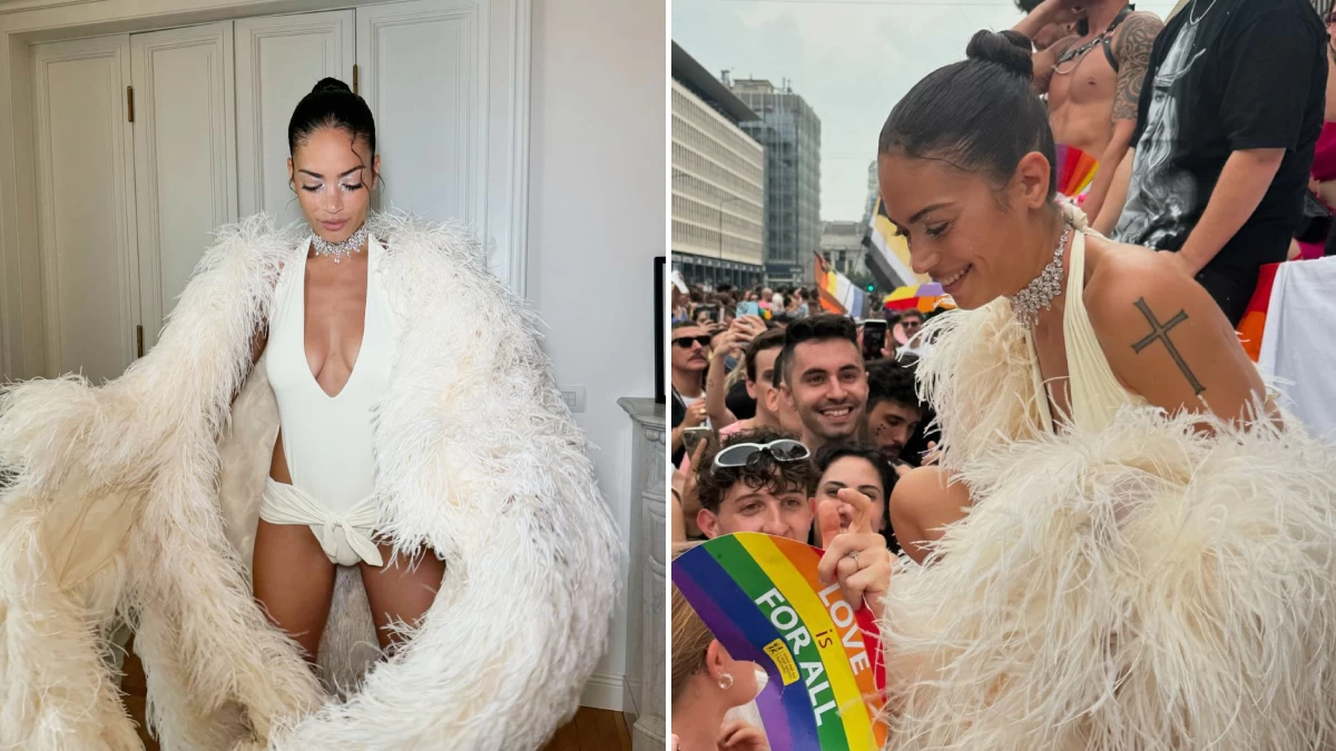 Elodie reine de la fierté : enchante Milan avec un total look de déesse blanche