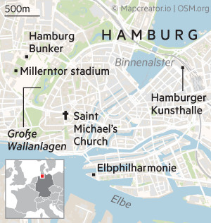 Carte indiquant l'emplacement du Bunker de Hambourg à Hambourg, ainsi que d'autres points d'intérêt à proximité