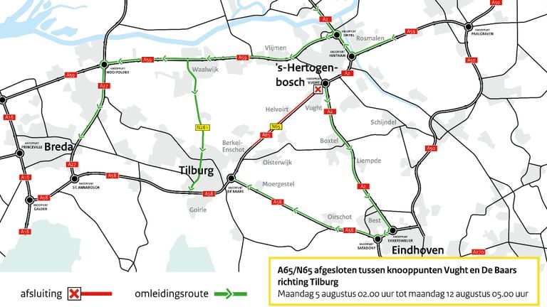 Les voies de déviation pour le trafic en direction de Tilburg (carte : Rijkswaterstaat).