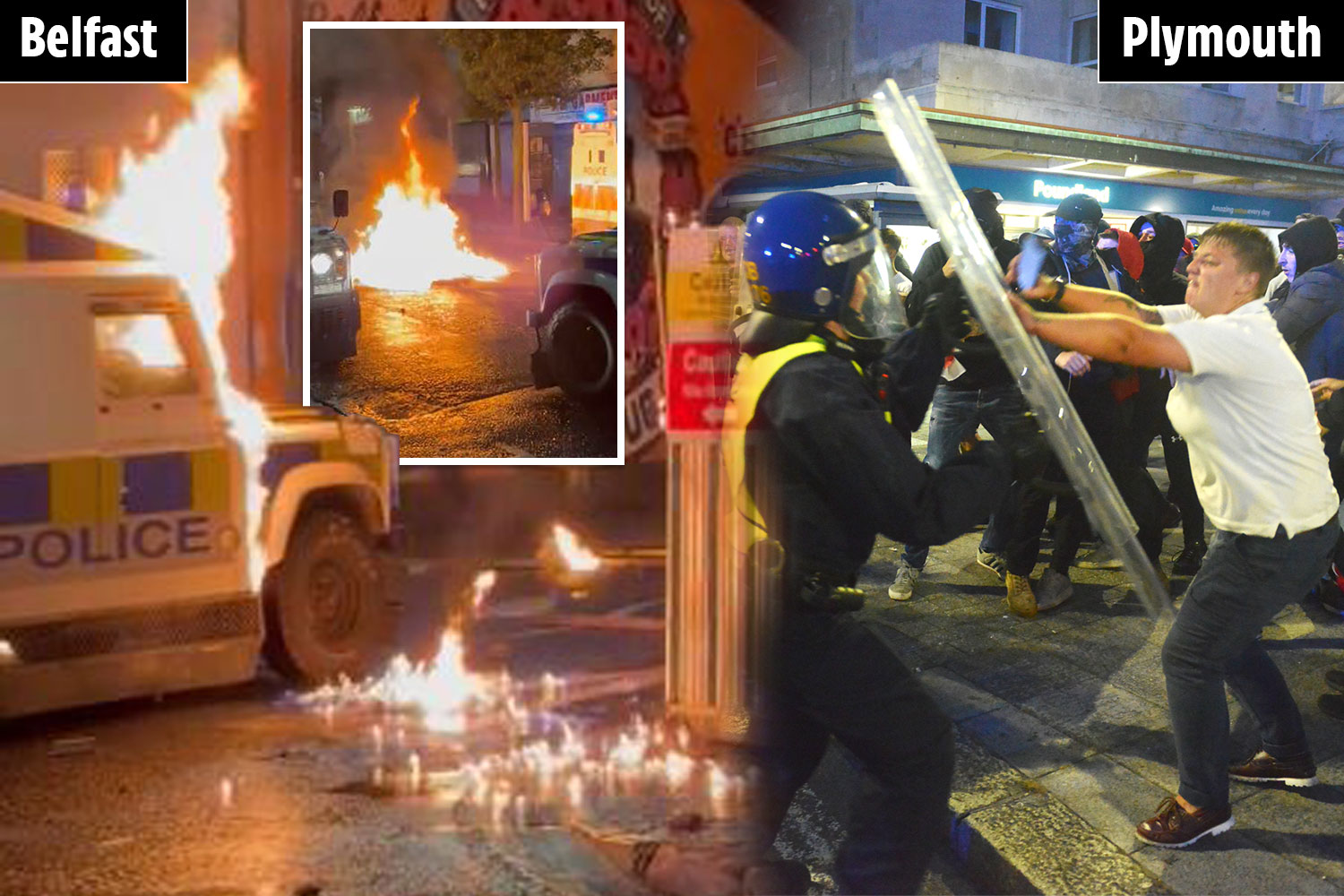 Moment choquant : des voitures de police sont touchées par l’explosion de bombes incendiaires lors d’émeutes terrifiantes en ville