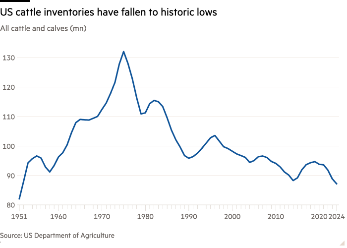 Graphique linéaire de tous les bovins et veaux (mn) montrant que les stocks de bovins américains sont tombés à des niveaux historiquement bas