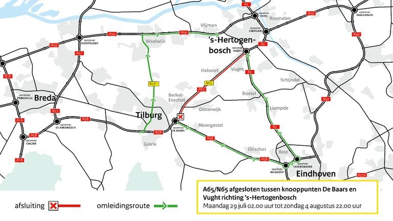 Les itinéraires de déviation pour le trafic en direction de Den Bosch (carte : Rijkswaterstaat).