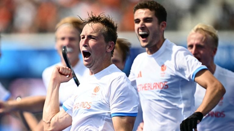 Floris Wortelboer célèbre son but contre l'Espagne (photo : ANP 2024/.Loic Venance AFP).