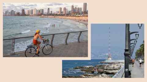 en bas à droite : Des gens se baignent sur la plage de Beyrouth le 7 août 2024. En haut à gauche : Une femme fait du vélo sur la plage de Tel-Aviv, le 5 août.