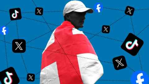 Montage d'un homme enveloppé dans le drapeau anglais entouré de logos de réseaux sociaux