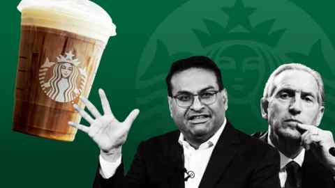 Une illustration de Laxman Narasimhan, Howard Schultz et une tasse de café Starbucks devant un logo Starbucks