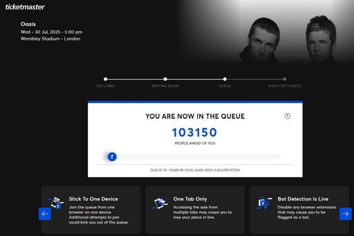 Capture d'écran prise sur le site ticketmaster.co.uk dans la salle d'attente virtuelle pour acheter des billets Oasis 