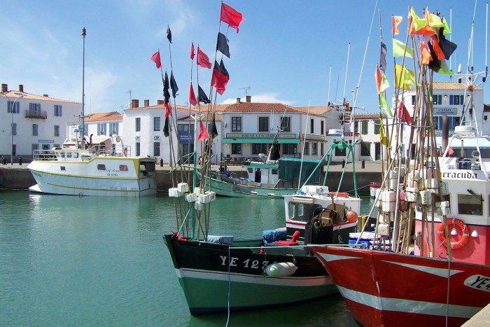 Des bateaux aux drapeaux aux couleurs vives dans un petit port. À proximité se trouve un bar-restaurant au bord de l'eau