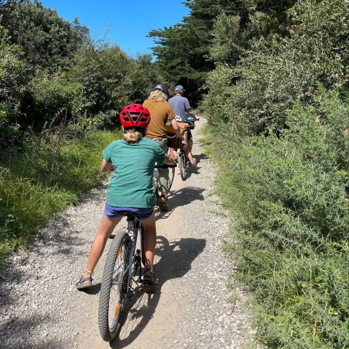 Une petite fille portant un t-shirt vert, un short et un casque de vélo fait du vélo derrière un petit groupe d'autres cyclistes sur un chemin de campagne ensoleillé