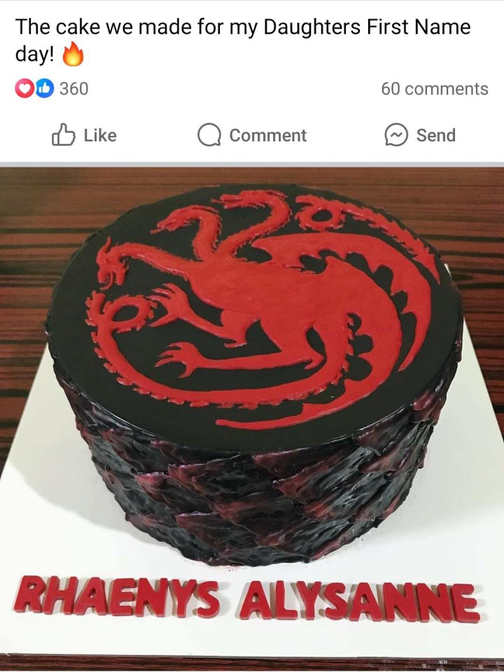 Les parents ont annoncé le nom de leur fille avec un gâteau inspiré de la Maison du Dragon, comme illustré