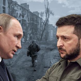 Montage : Vladimir Poutine et Volodymyr Zelenskyj devant une vue de Marioupol détruit