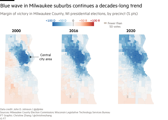 Cartes montrant un changement démocrate de plusieurs décennies dans la banlieue de Milwaukee, Wisconsin
