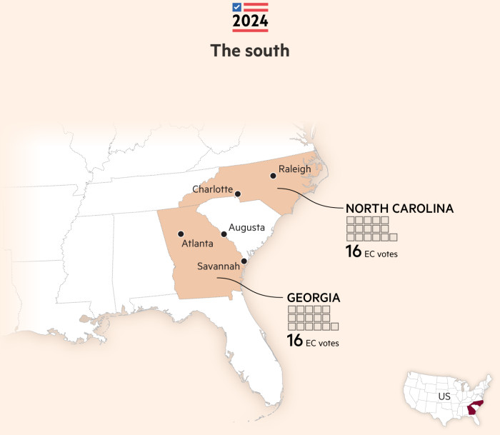 Carte montrant le nombre de votes des collèges électoraux dans les États du sud lors des élections américaines