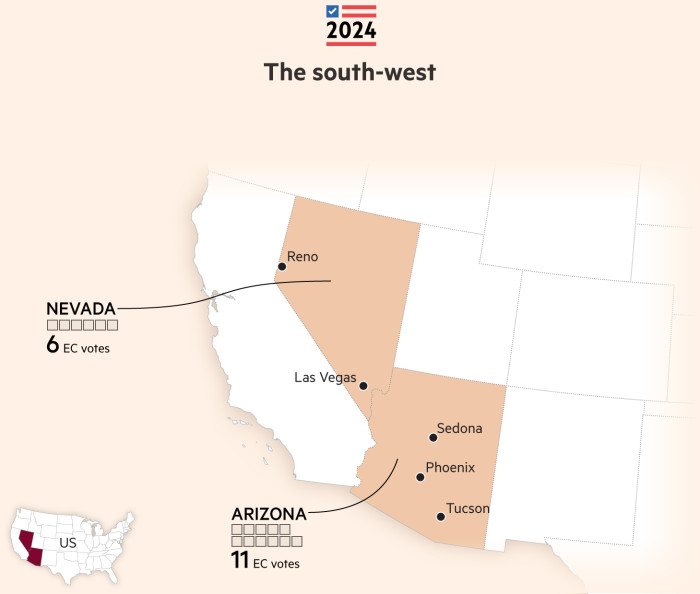 Carte montrant le nombre de votes des collèges électoraux dans les États du sud-ouest lors des élections américaines