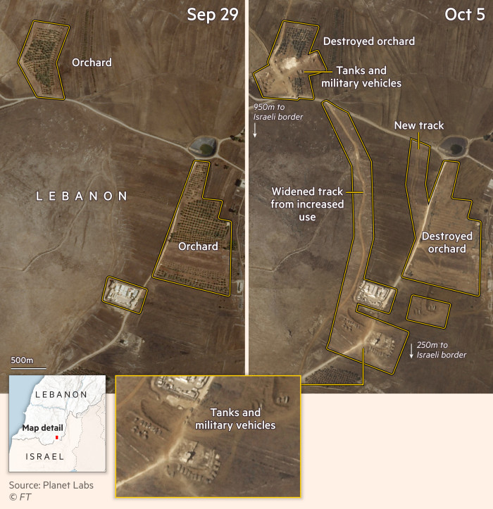 Des images satellites des 29 septembre et 5 octobre montrant des chars apparaissent au Liban à 250 m de la frontière israélienne. Source : Planète Labs