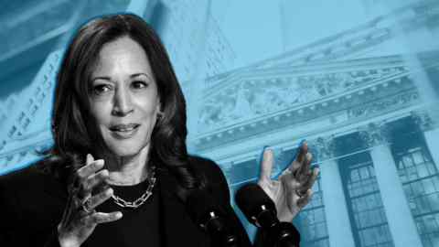 Un montage de Kamala Harris avec le bâtiment de la Bourse de New York en arrière-plan