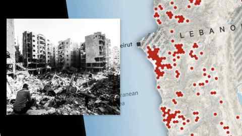 Image d'un bâtiment bombardé à Beyrouth associée à une carte du Liban mettant en évidence les zones touchées