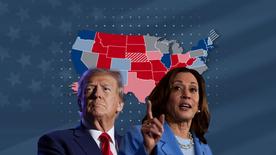 Donald Trump et Kamala Harris, derrière eux un graphique linéaire avec leurs numéros de sondage