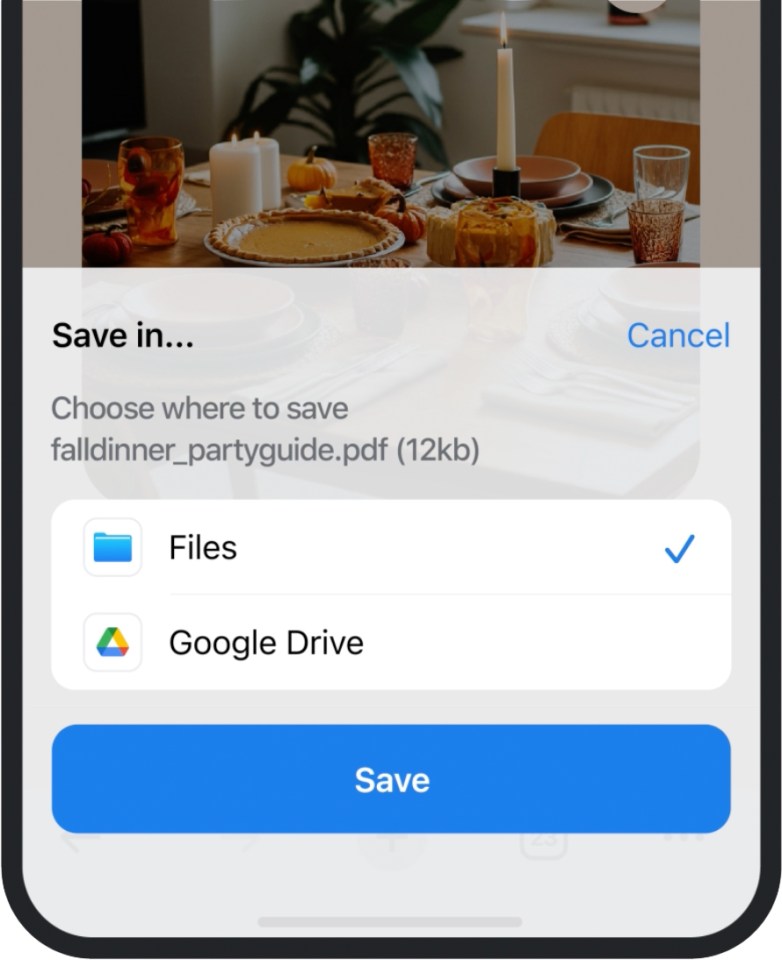 Choisissez simplement l'option Google Drive au lieu d'enregistrer les fichiers sur le stockage de votre iPhone si vous préférez les conserver dans le cloud