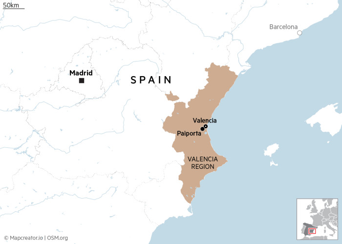 Carte montrant l'emplacement de Paiporta et de Valence dans la région de Valence en Espagne