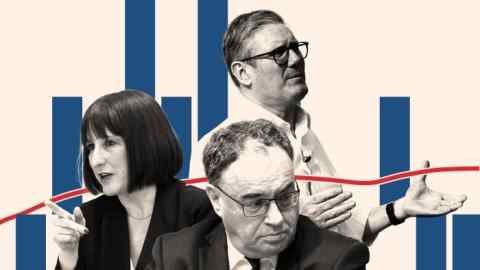 Le montage montre Rachel Reeves, Andrew Bailey et Sir Keir Starmer sur fond de données