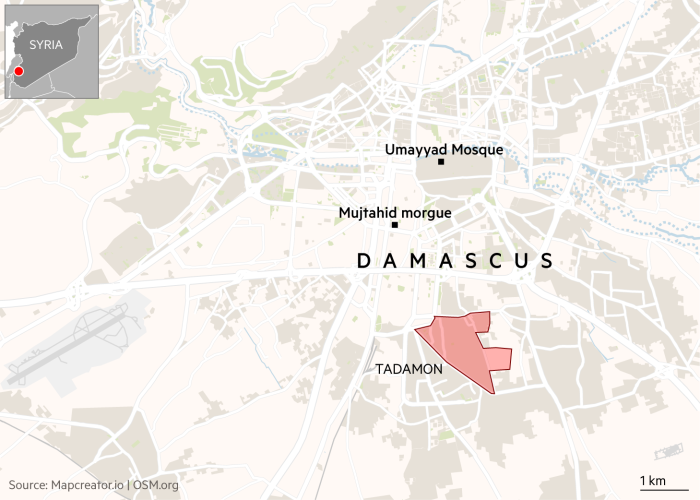 Carte montrant l'emplacement du quartier de Tadamon à Damas