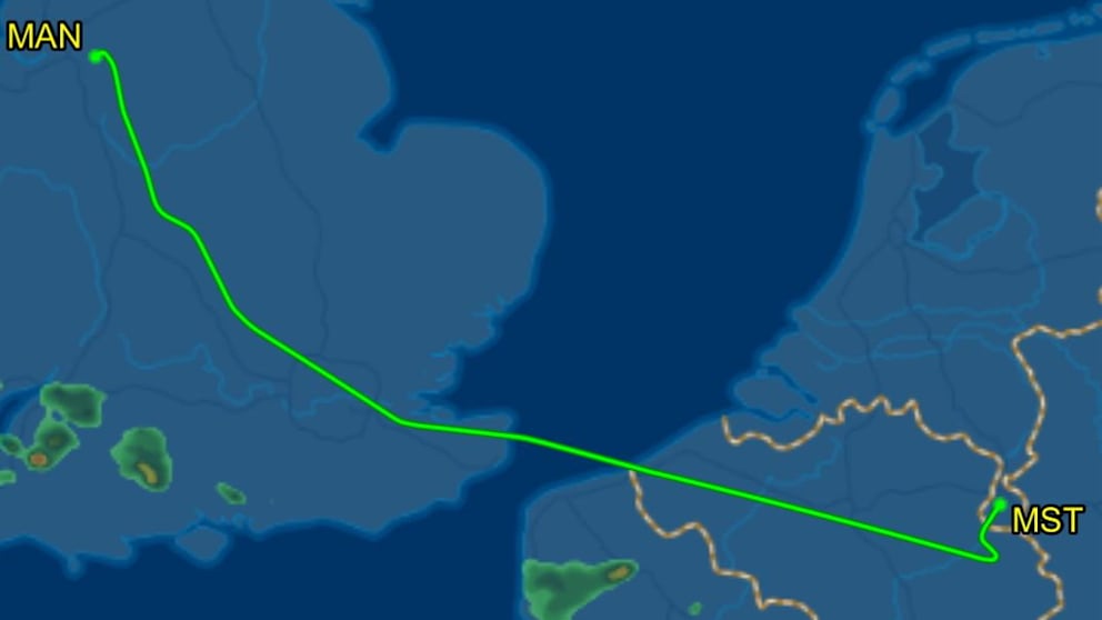 Die Flugroute des Wirtz-Fliegers von Manchester nach Maastricht