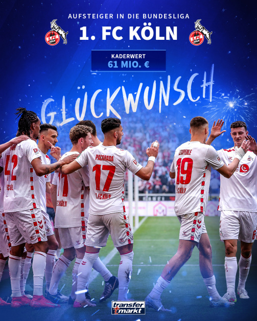 La photo montre une équipe de football enthousiaste du 1er FC Köln en maillots blancs avec des détails rouges. Les joueurs sont en cercle et applaudissent. Entre autres choses, les numéros de dos 17 (Pacarada) et 19 (Ljubičić) peuvent être vus. En arrière-plan, un stade entièrement occupé avec des fans enthousiaste peut être vu. Au-dessus de l'image, il y a de grandes lettres blanches: 