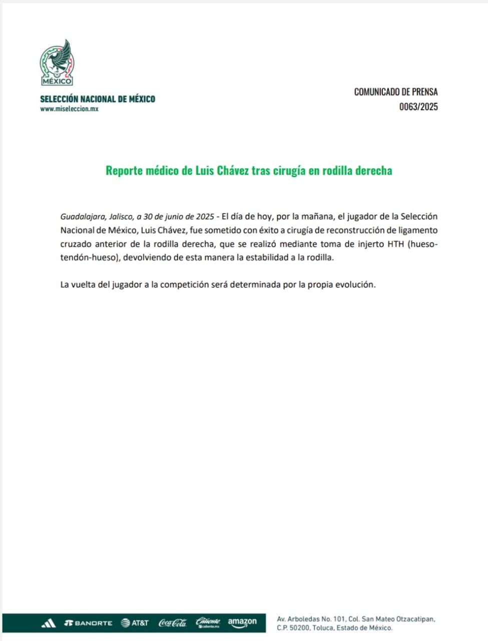 Comunicado de la operación de Luis Chávez
