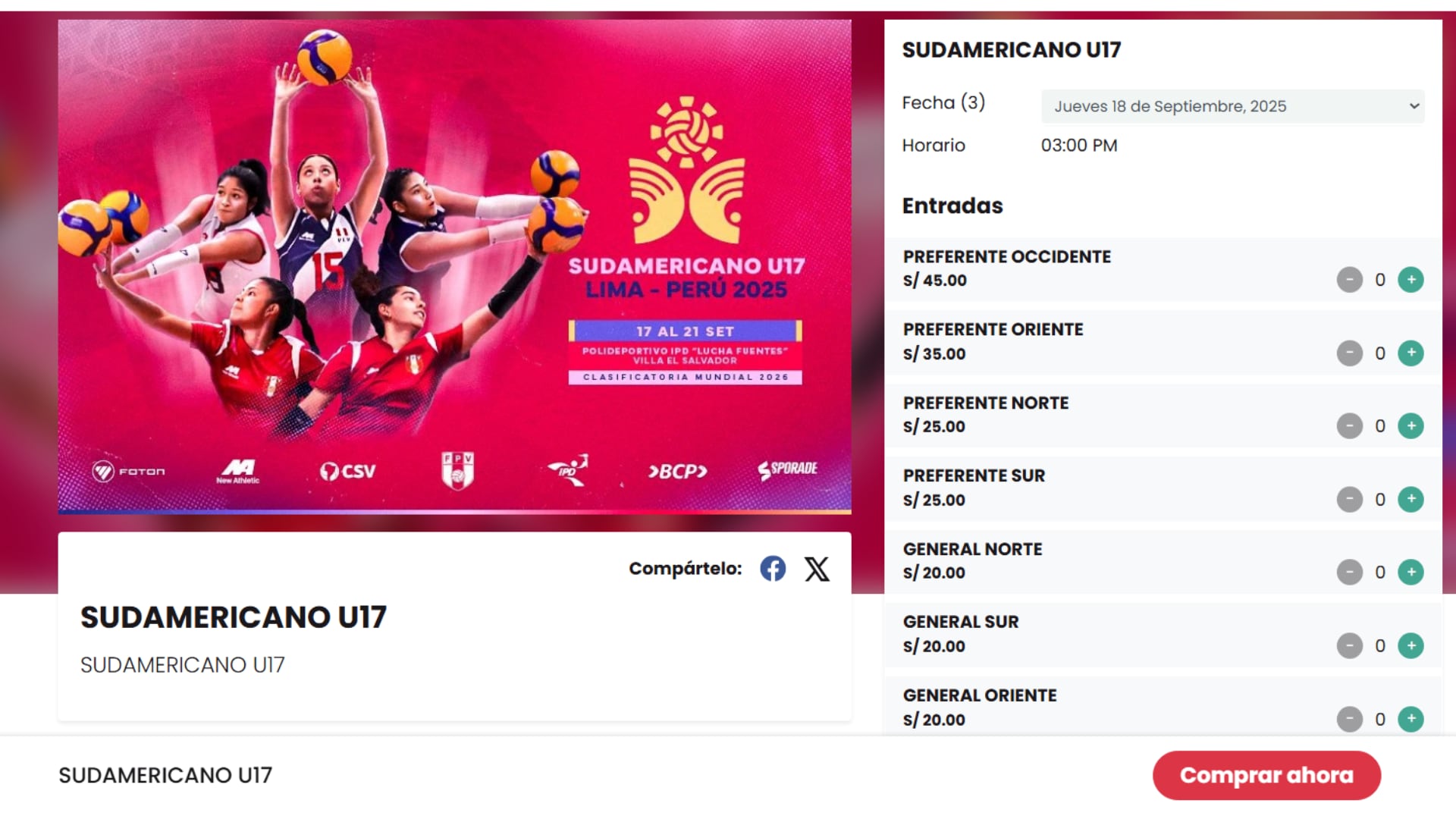 Entradas para el Perú vs Chile por la fecha 2 del Sudamericano Sub 17 de Vóley 2025. Crédito: Joinnus