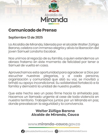 Alcaldía de Miranda, Cauca, confirmó