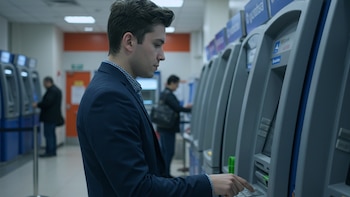 cajero automático, persona joven, transacción,
