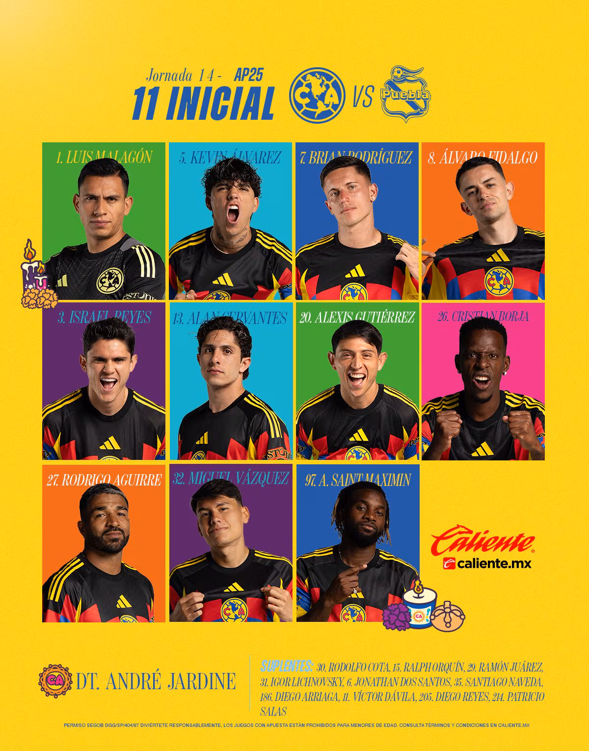 Alineación de las Águilas del América para enfrentarse al Puebla. Imagen cuenta de X @ClubAmerica