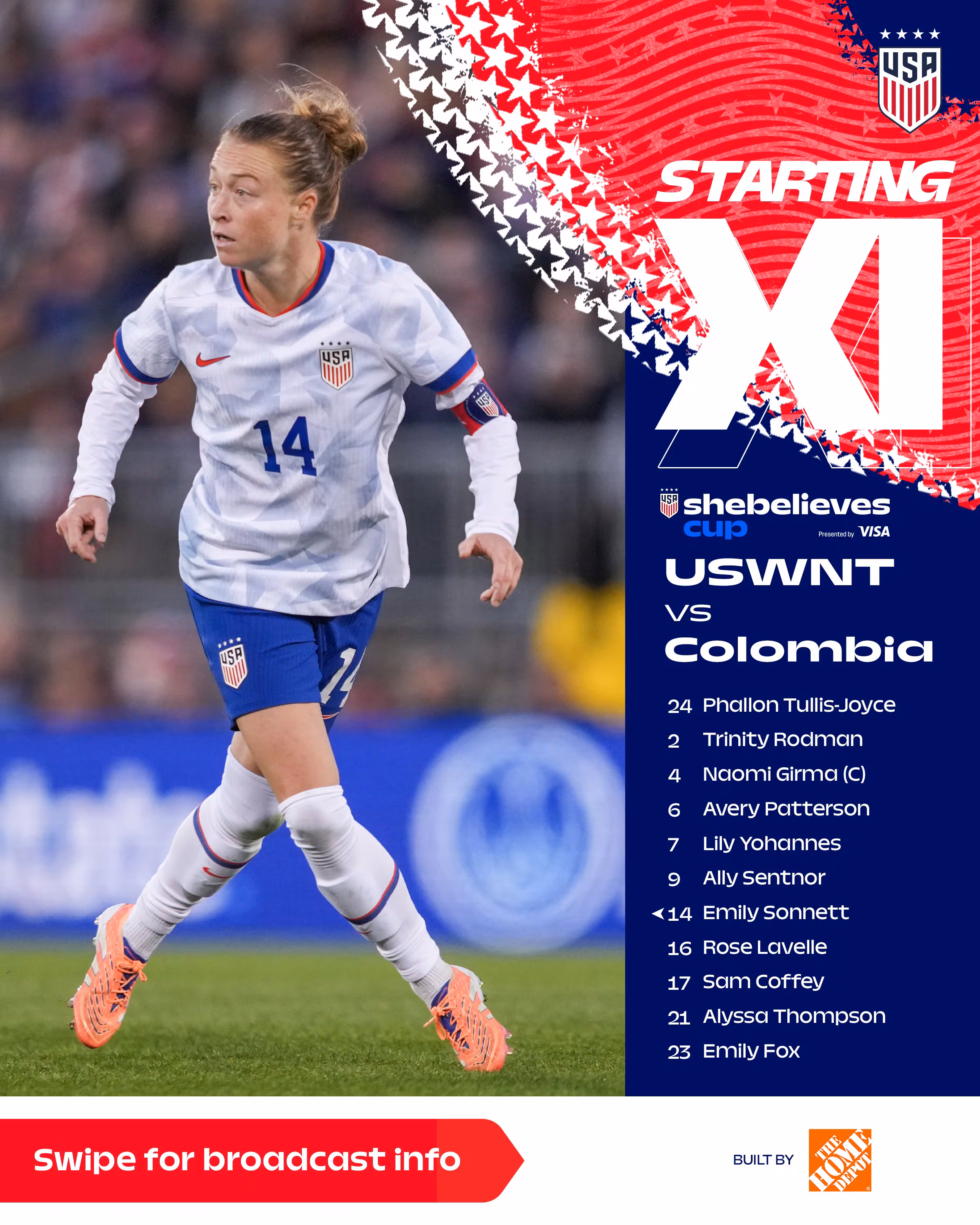 Esta es la formación de Estados Unidos contra Colombia, en la última fecha de la She Believes Cup - crédito @USWNT/X