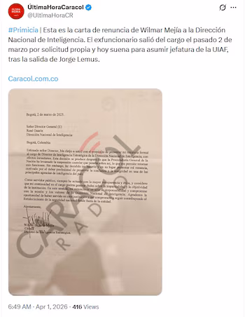 Lettre de démission de Wilmar Mejía - crédit : capture d'écran Caracol Radio / X