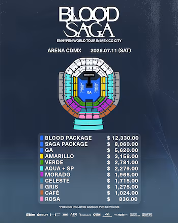 Gráfico del mapa de asientos de la Arena CDMX y la lista de precios por sección para el 'Blood Saga' World Tour de ENHYPEN, con fecha 11 de julio de 2026