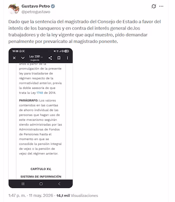 Gustavo Petro a fort critiqué le magistrat - crédit @petrogustavo/X