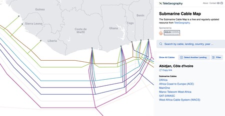 Seis cables, un mismo punto físico en Costa de Marfil. Submarine Cable Map